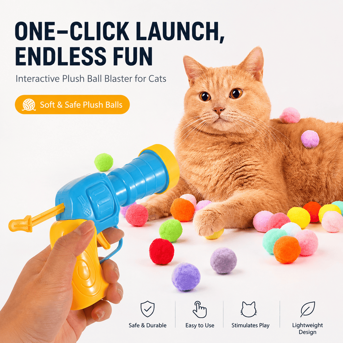 Orange cat lying beside the cat fetch toy launcher and pom-pom balls, labeled one-click launch, endless fun