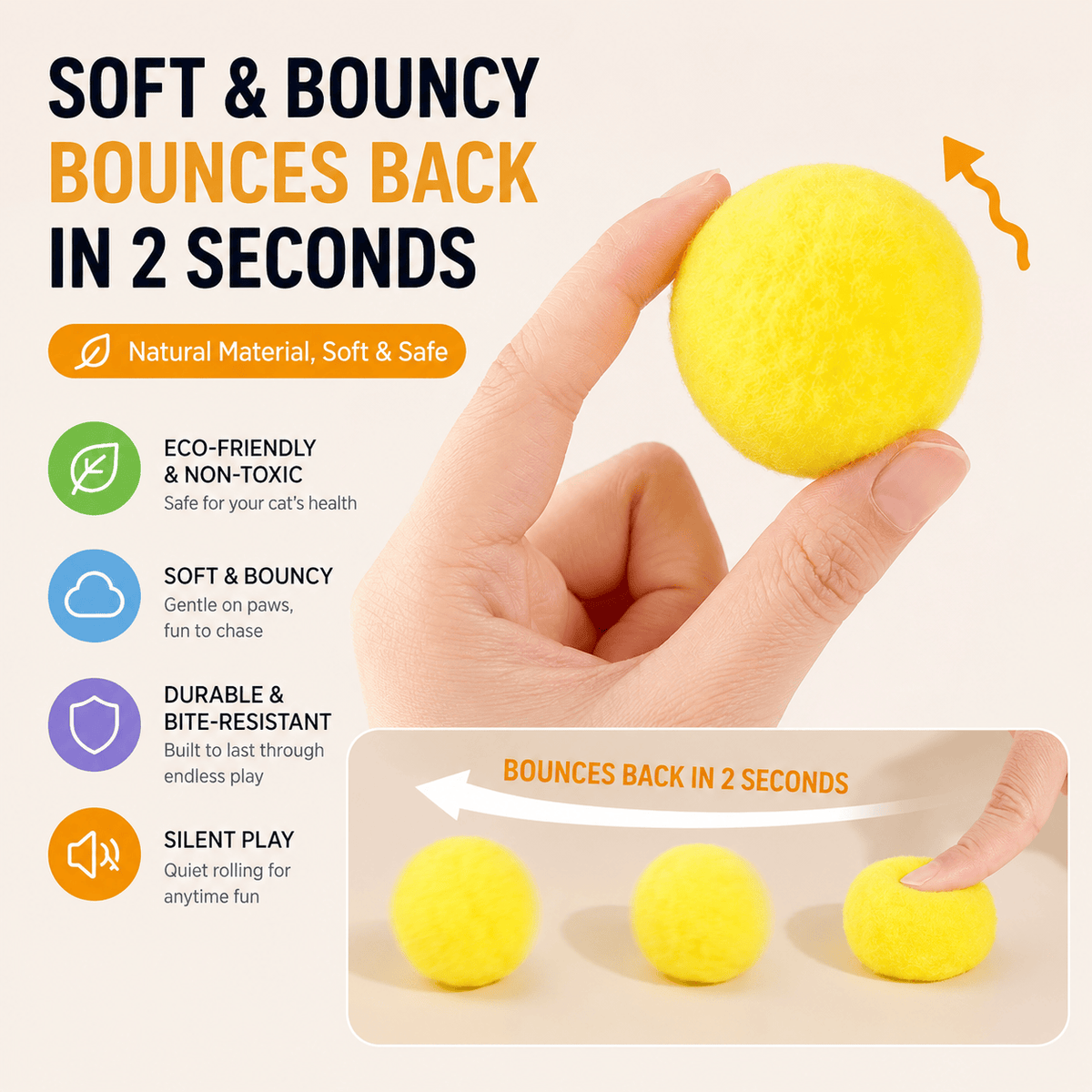 Yellow plush pom-pom ball being squeezed to show it bounces back into shape within seconds