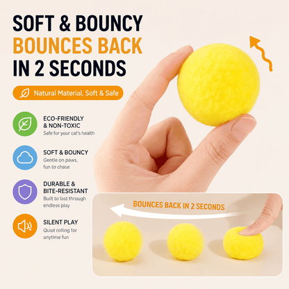 Yellow plush pom-pom ball being squeezed to show it bounces back into shape within seconds