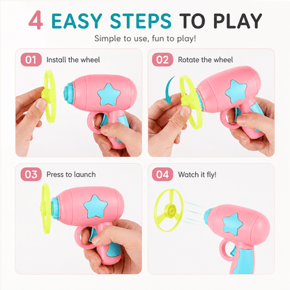 Four easy steps infographic: install the wheel, rotate the wheel, press to launch and watch it fly