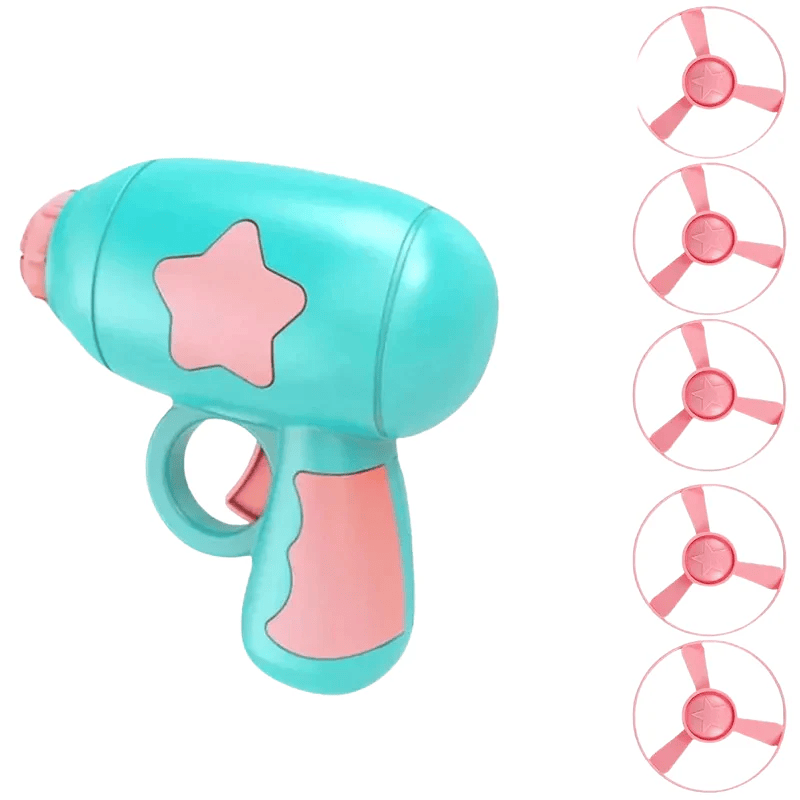 Macaron Blue cat flying disc launcher in mint with a pink star, shown with a stack of spinning discs