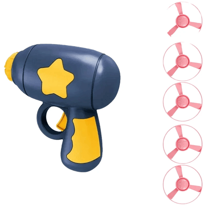Navy Blue cat flying disc launcher with a yellow star, shown with a stack of spinning discs