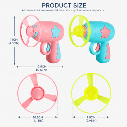 Product size chart showing the launcher at 11 cm by 10.6 cm, the large disc at 10.5 cm and the small disc at 7.5 cm