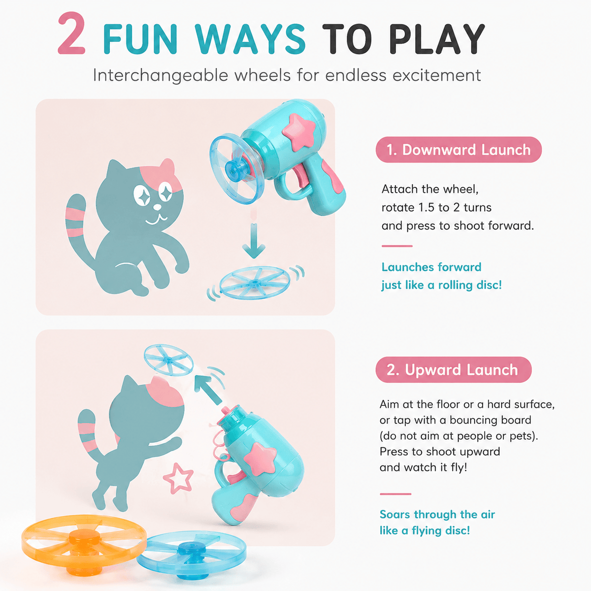 Infographic of two launch modes: downward launch rolls the disc forward along the floor, upward launch sends it into the air, with a note not to aim at people or pets