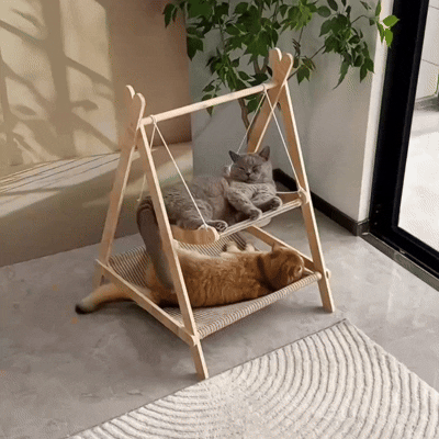 Animation of a cat climbing onto the sisal hammock of the wood-frame cat hammock bed in a living room.