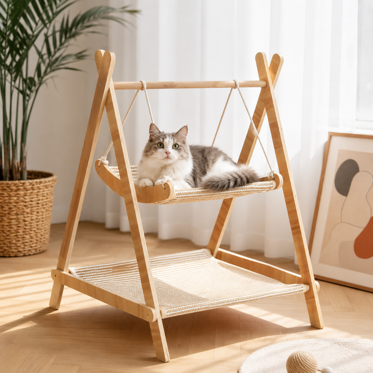 Tabby cat resting on the rope-hung sisal hammock of the wood A-frame cat hammock bed, with the flat sisal scratcher board below.