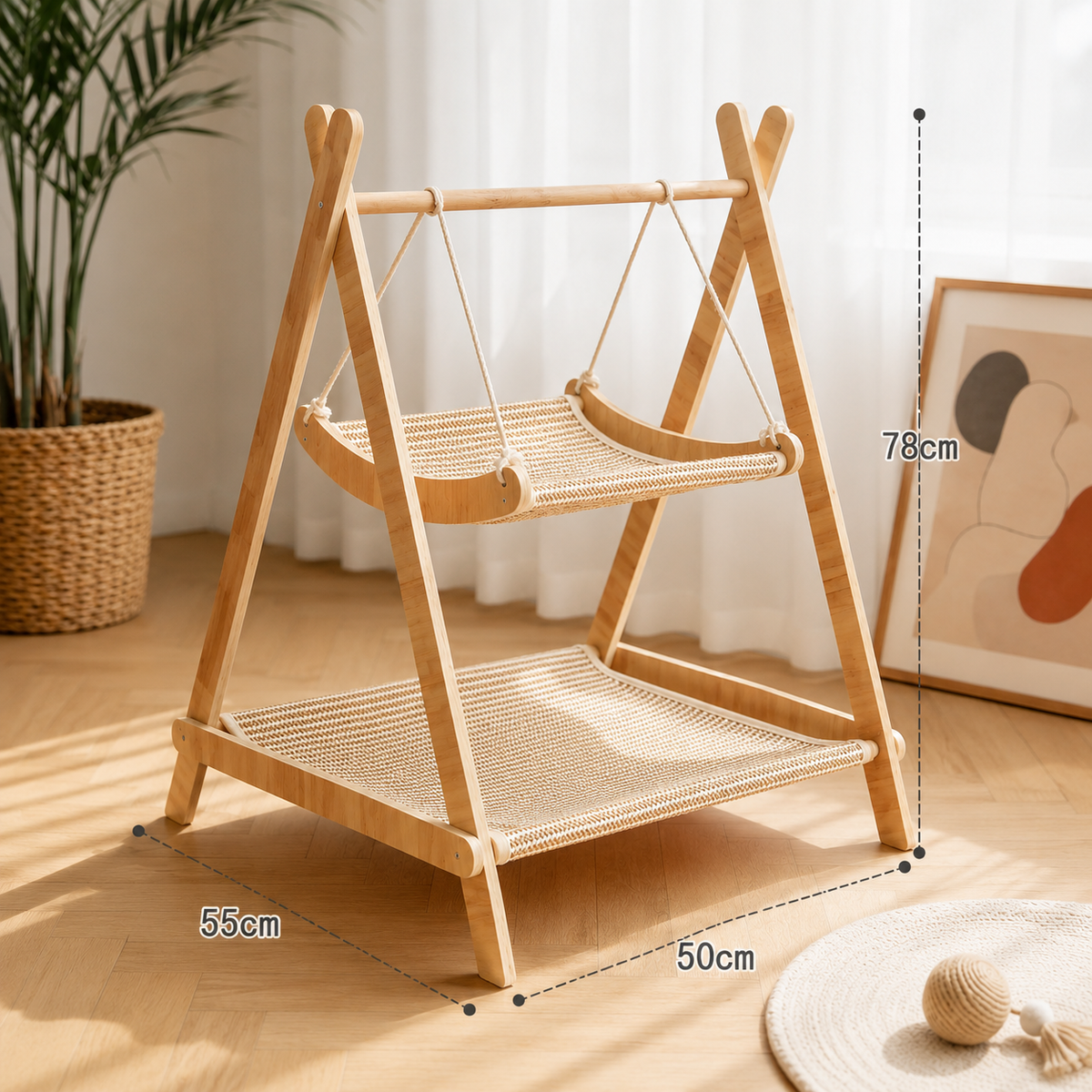 Cat hammock bed with dimensions of 55 cm deep, 50 cm wide and 78 cm tall marked on the wood frame.