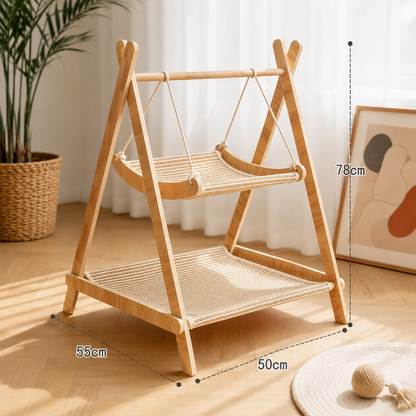 Cat hammock bed with dimensions of 55 cm deep, 50 cm wide and 78 cm tall marked on the wood frame.