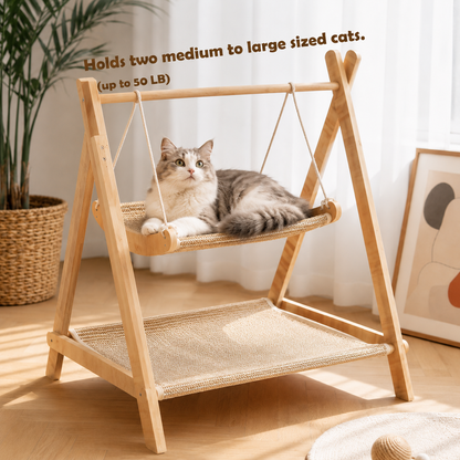 Cat on the sisal hammock bed with the caption that it holds two medium to large cats up to 50 lb.
