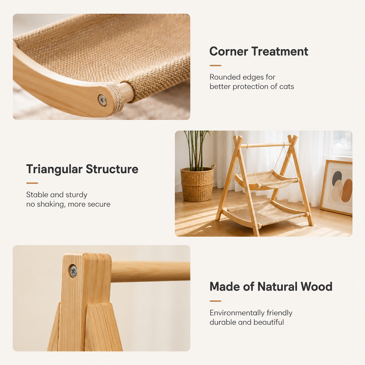 Panel for the cat hammock bed showing the rounded corner treatment, the stable triangular frame and the natural wood with a screw joint close-up.