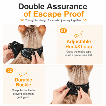 The two closures on the Noblias cat harness: an adjustable hook and loop panel set first, then a buckle clipped over it.