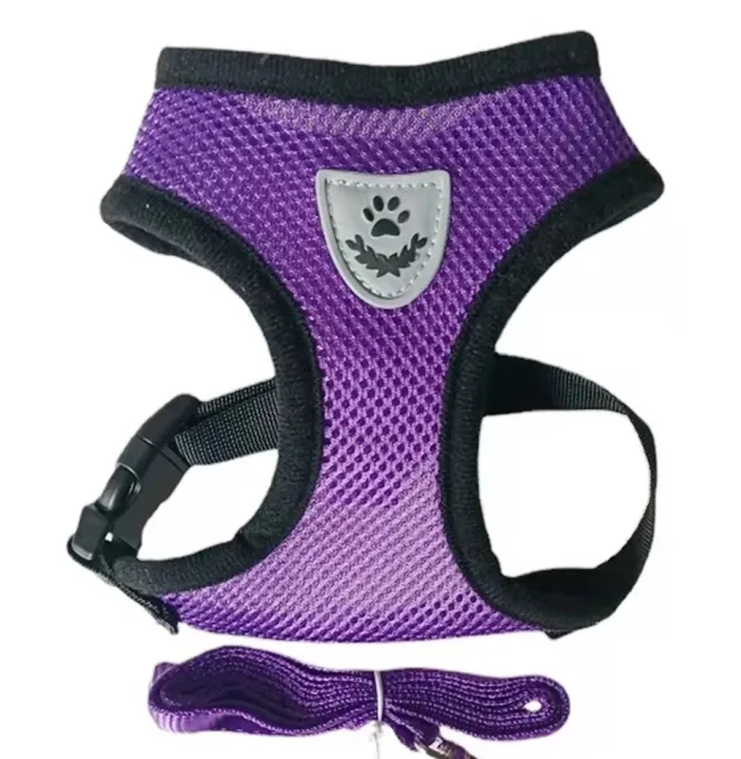 Purple adjustable cat harness and leash set with breathable mesh fabric