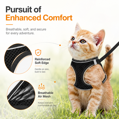 Close up of the reinforced soft edging and breathable air mesh on the Noblias cat harness.