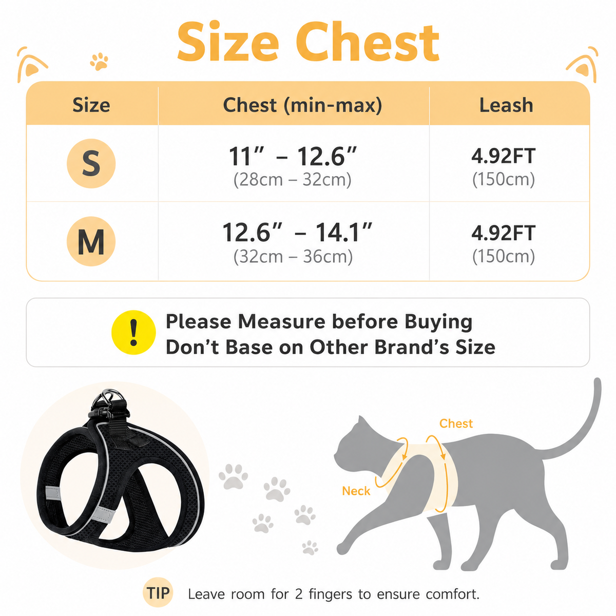 Size chart for the Noblias cat harness: S fits a 28 to 32 cm chest, M fits 32 to 36 cm, both with a 150 cm lead.