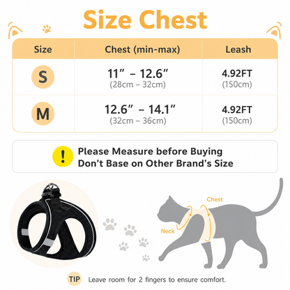 Size chart for the Noblias cat harness: S fits a 28 to 32 cm chest, M fits 32 to 36 cm, both with a 150 cm lead.