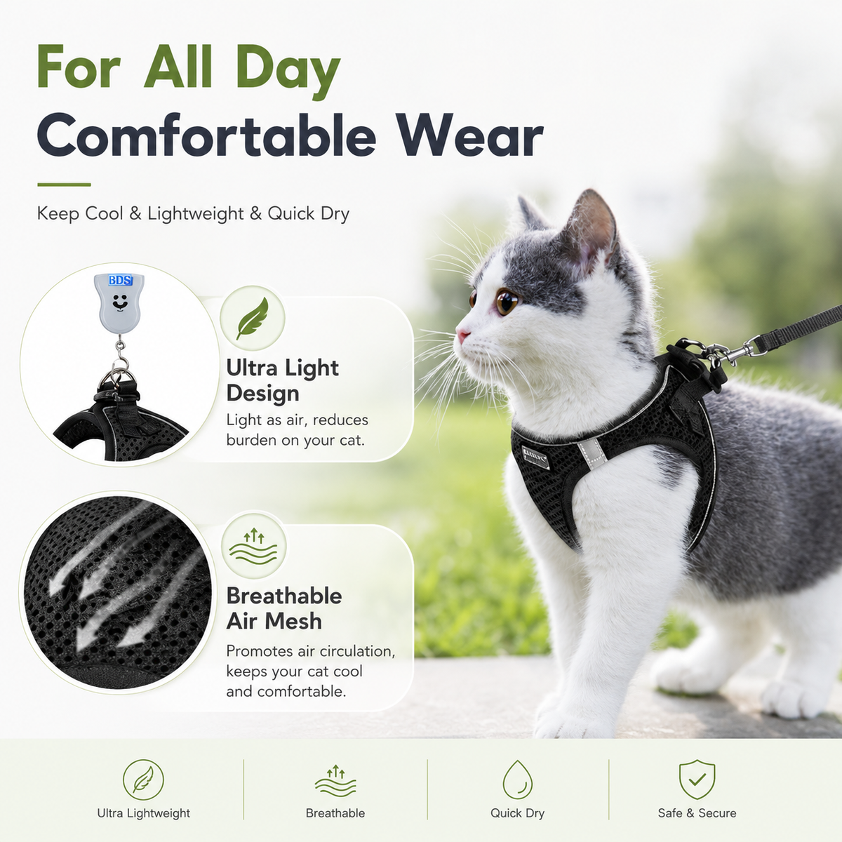 Cat wearing the Noblias mesh harness outdoors, labeled ultra light design and breathable air mesh for all day wear.