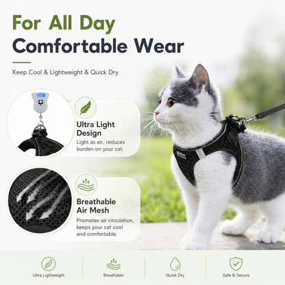 Cat wearing the Noblias mesh harness outdoors, labeled ultra light design and breathable air mesh for all day wear.