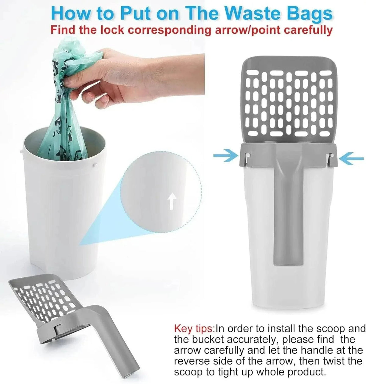 Guide showing how to fit a waste bag into the Noblias cat litter scooper holder and twist the scoop onto the lock arrows.
