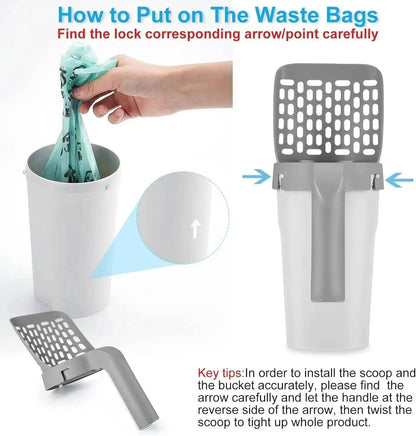 Guide showing how to fit a waste bag into the Noblias cat litter scooper holder and twist the scoop onto the lock arrows.