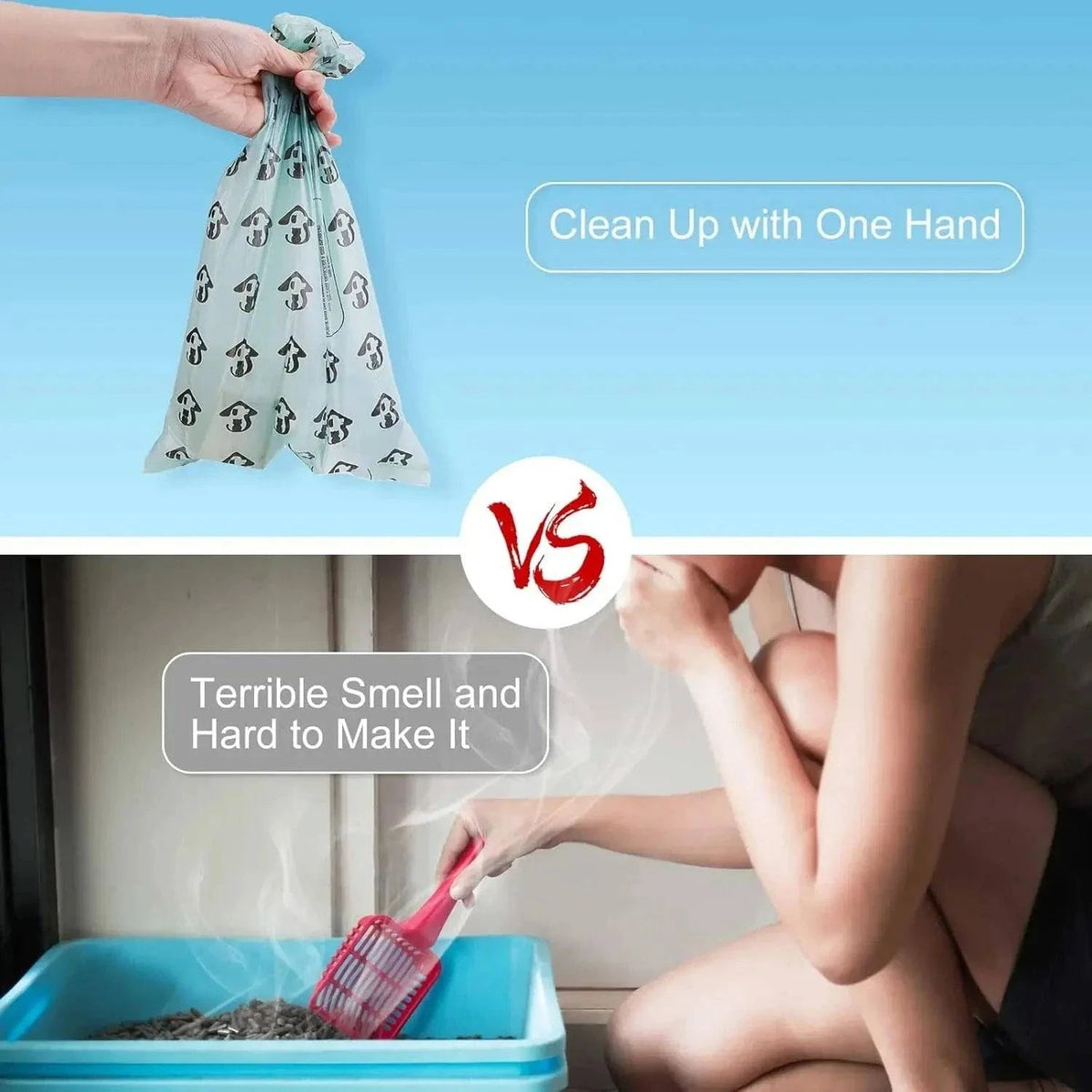 Hand tying off a full waste bag from the Noblias cat litter scooper holder, cleaning up in one hand.