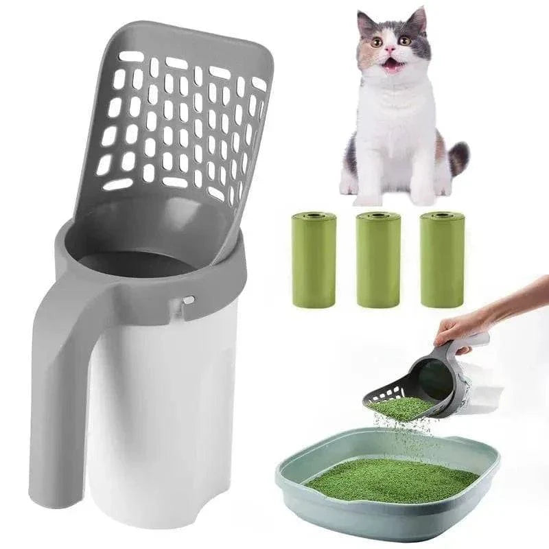 Noblias cat litter scooper with its bag holder shown beside three rolls of waste bags and a litter tray.