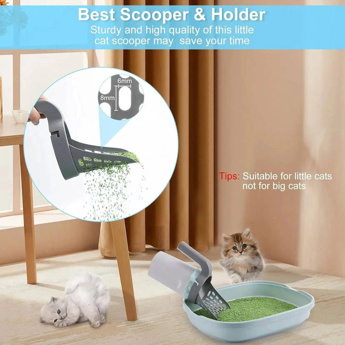 Noblias cat litter scooper sifting clean litter back into the tray through the slotted scoop head.