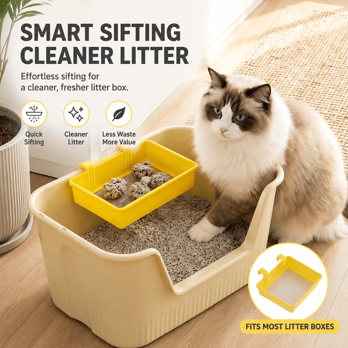 The yellow cat litter sifting tray in use, captioned quick sifting, cleaner litter and less waste, and marked fits most litter boxes.