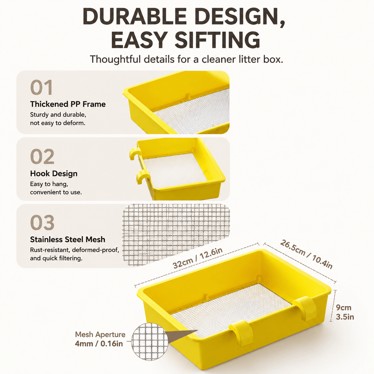 Build details of the cat litter sifting tray: thickened PP frame, hook design and stainless steel mesh, with the tray measured at 32 by 26.5 by 9 centimeters and a 4 millimeter mesh aperture.