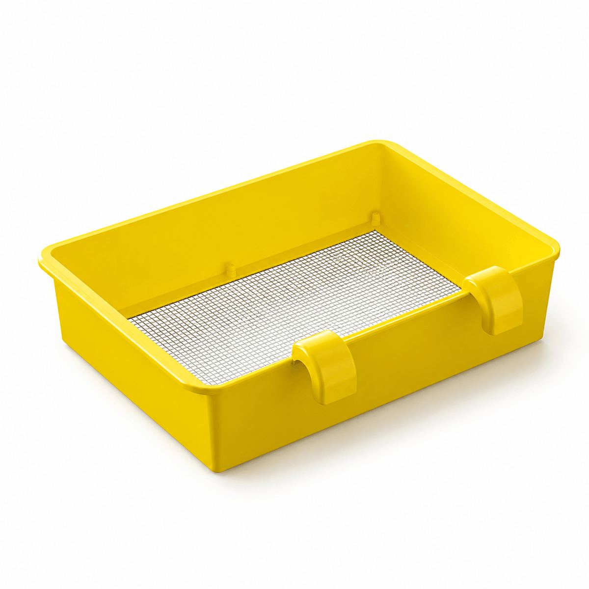 Yellow cat litter sifting tray on its own against a white background.