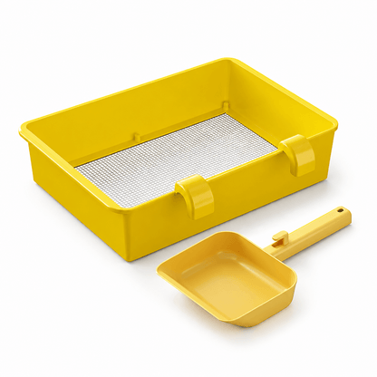 Yellow cat litter sifting tray shown with the matching scoop against a white background.
