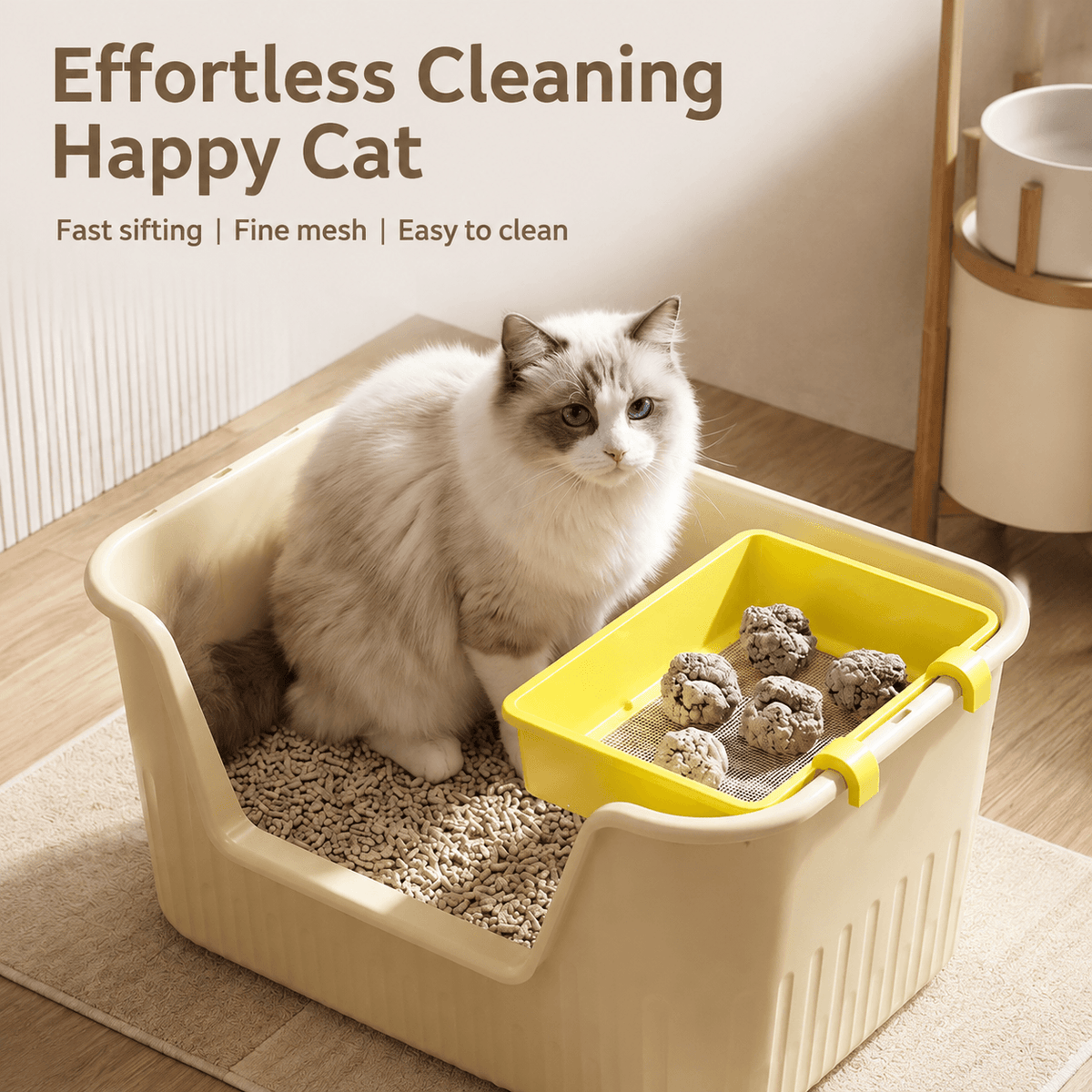 Ragdoll cat standing in a litter box beside the yellow sifting tray, captioned fast sifting, fine mesh and easy to clean.
