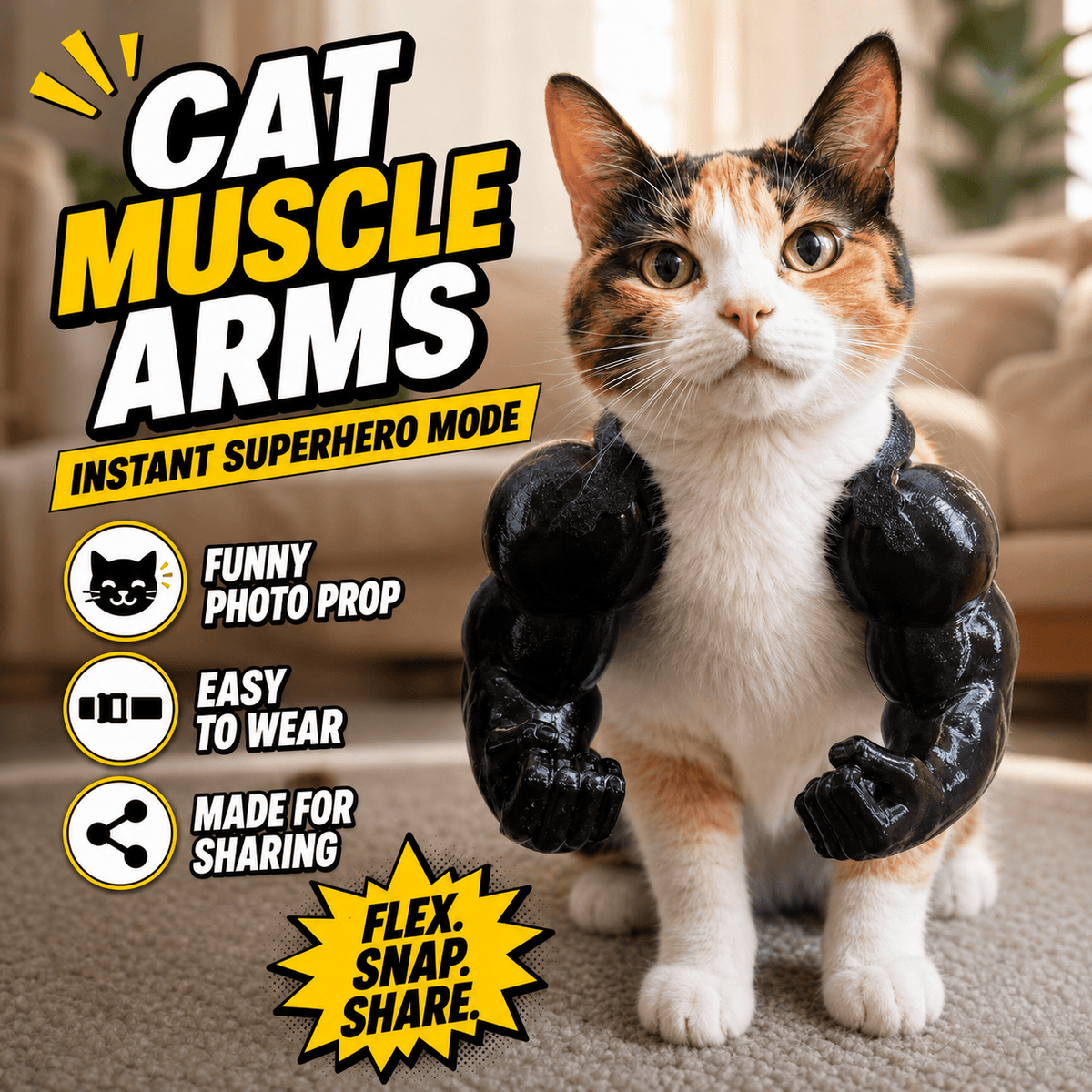 Cat muscle arms banner showing a calico cat in the black muscle arms, labeled instant superhero mode with funny photo prop, easy to wear and made for sharing badges