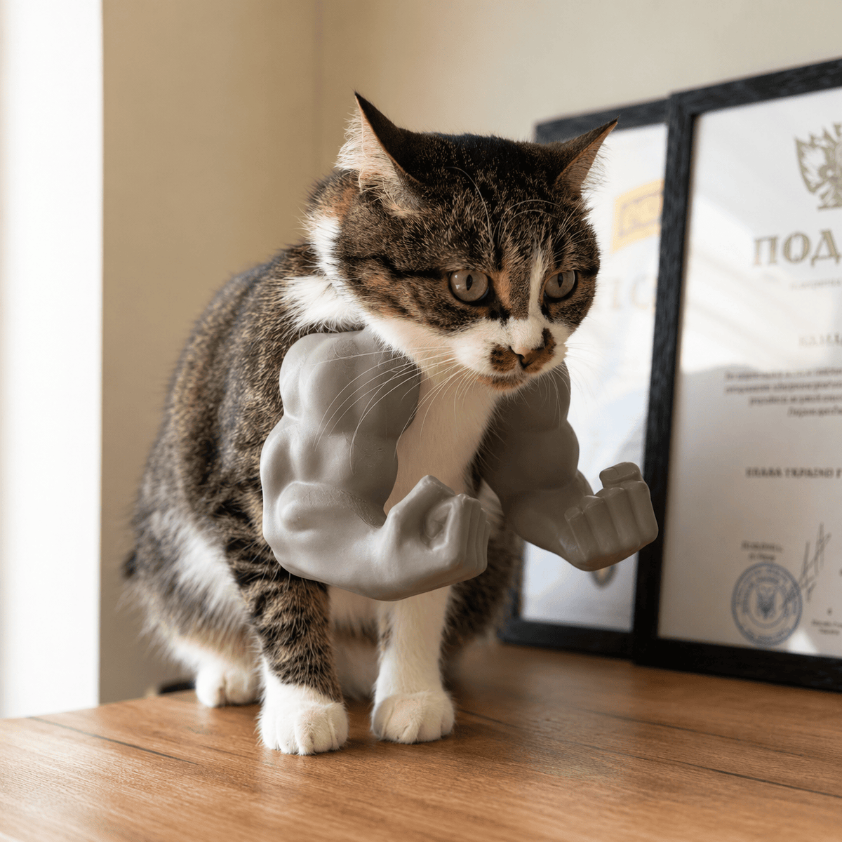 Tabby cat standing on a wooden table wearing the gray 3D printed muscle arms