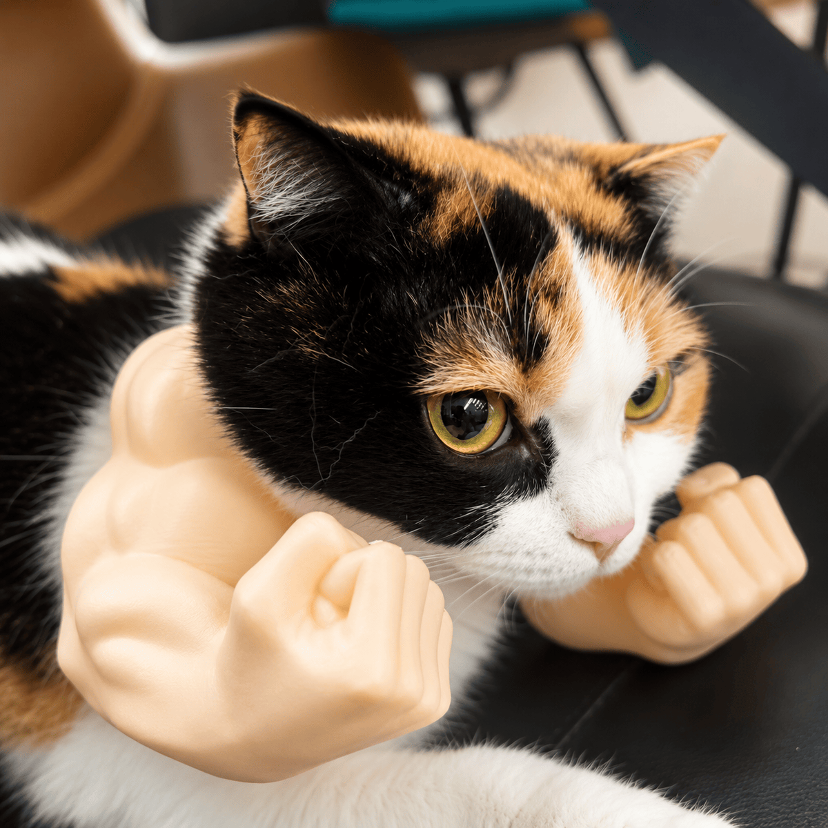 Calico cat lying down in the skin-colored muscle arms, with both fists in front of its face