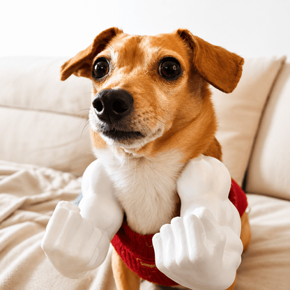 Small brown and white dog on a sofa wearing the white 3D printed muscle arms over its harness