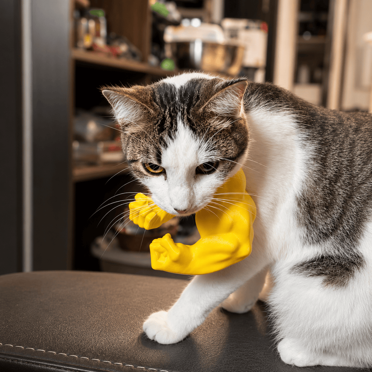 Tabby and white cat on a leather chair wearing the yellow 3D printed muscle arms