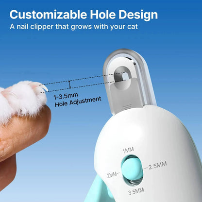 Customizable hole design on the Noblias cat nail clipper, adjustable from 1 mm to 3.5 mm so the same clipper grows with your cat.