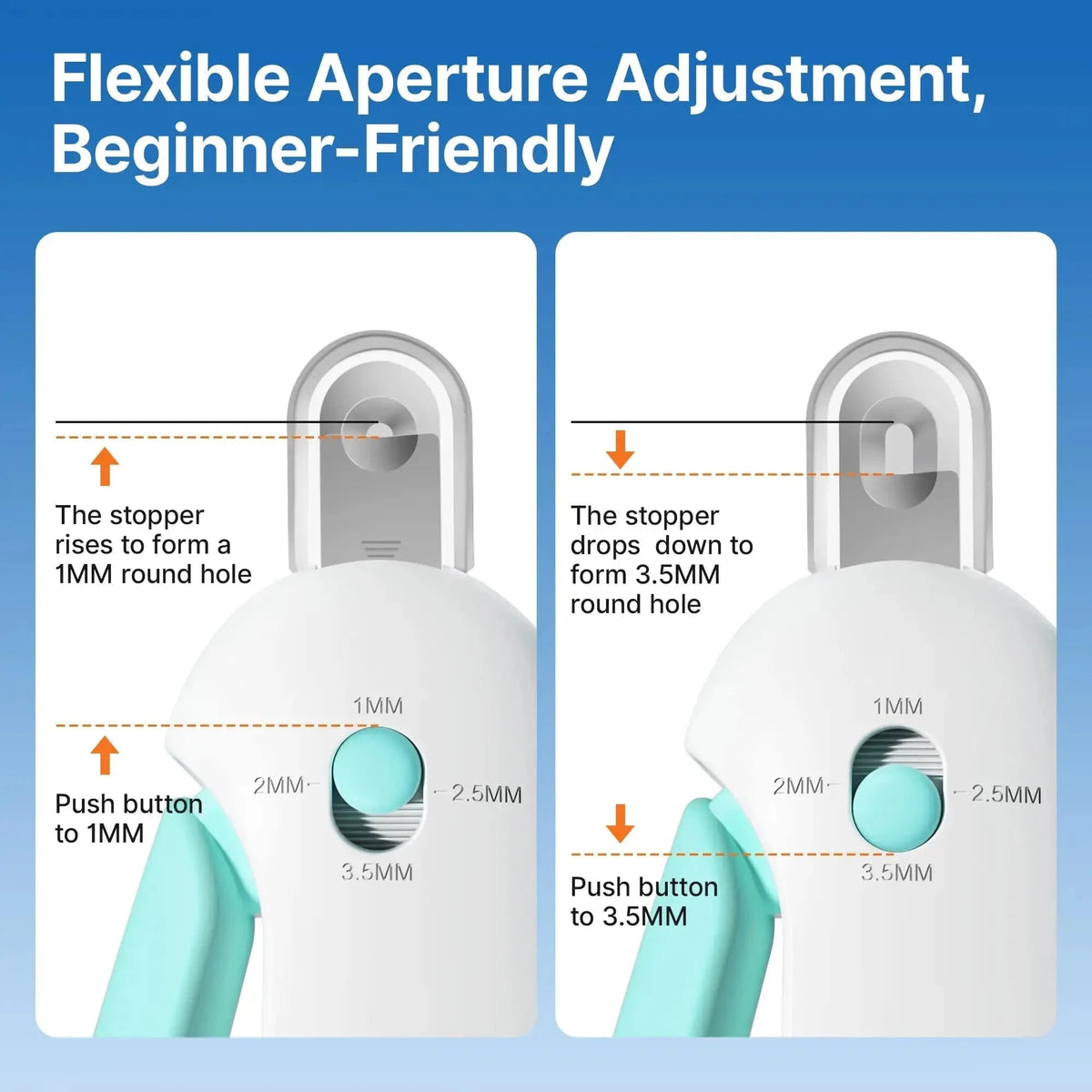 How the aperture on the Noblias cat nail clipper adjusts, with the stopper rising to form a 1 mm round hole and dropping to form a 3.5 mm round hole.