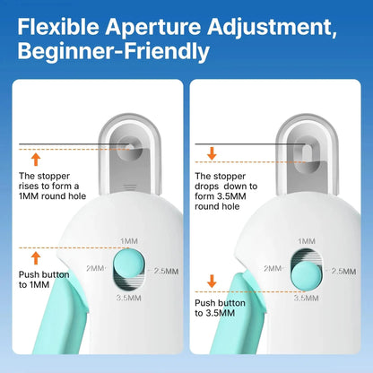 How the aperture on the Noblias cat nail clipper adjusts, with the stopper rising to form a 1 mm round hole and dropping to form a 3.5 mm round hole.