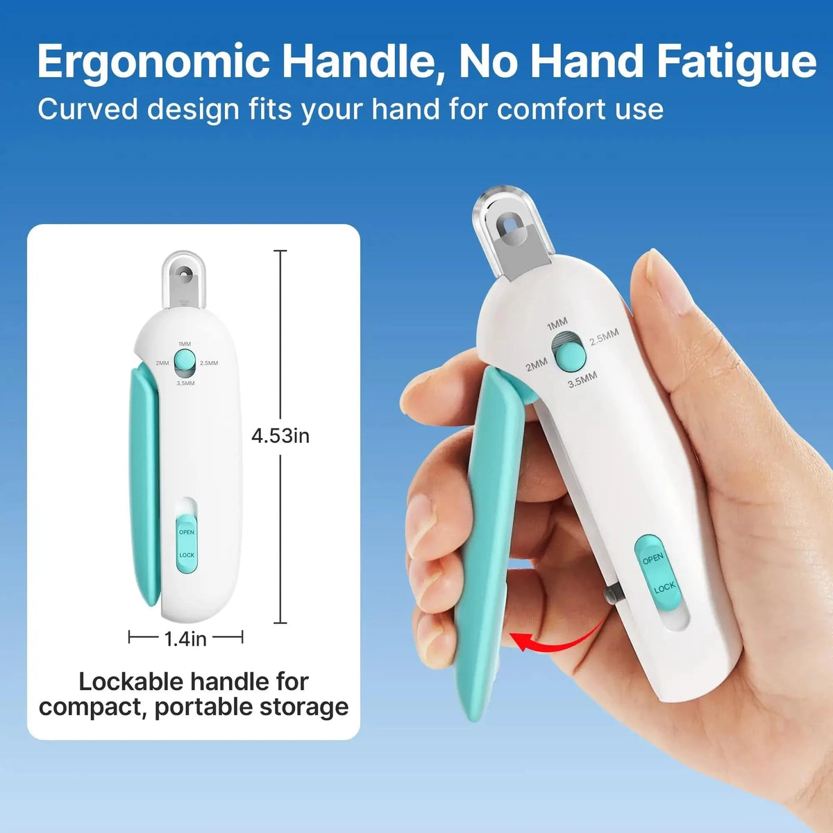 The curved ergonomic handle of the Noblias cat nail clipper held in a hand, shaped to prevent hand fatigue during longer grooming sessions.
