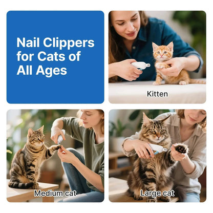 The Noblias cat nail clipper being used on a kitten, a medium cat and a large cat, showing that one clipper suits cats of all ages.