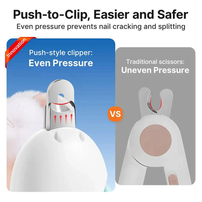The push to clip action of the Noblias cat nail clipper applying even pressure, compared with the uneven pressure of traditional scissor style clippers.