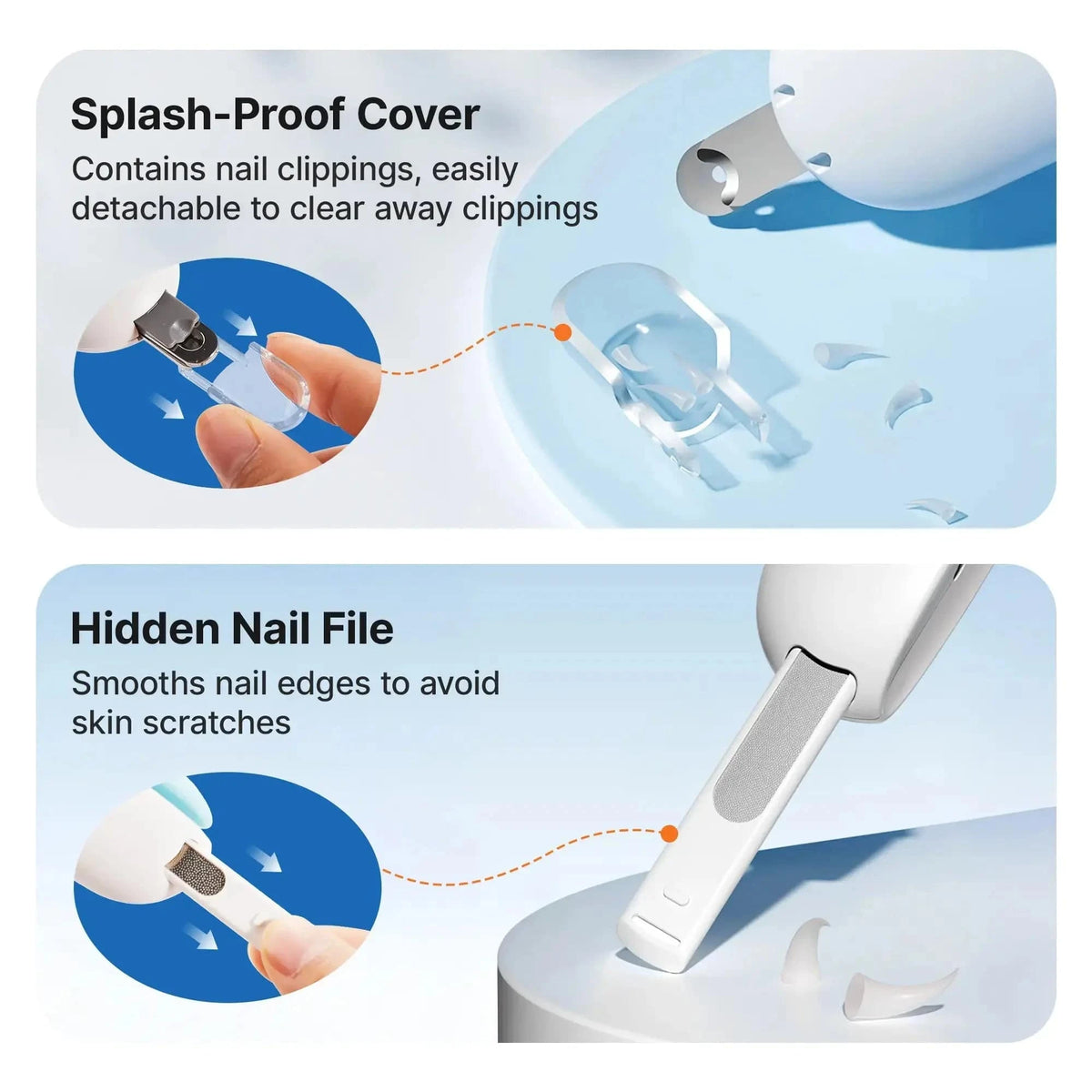 The detachable splash proof cover on the Noblias cat nail clipper that catches nail clippings, and the hidden nail file that slides out to smooth the cut edge.