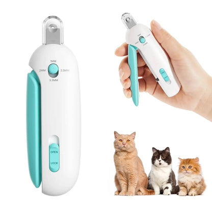 The Noblias cat nail clipper in white and teal, showing the adjustable trimming hole marked 1 to 3.5 mm and the open and lock slider on the handle, with three cats beside it.