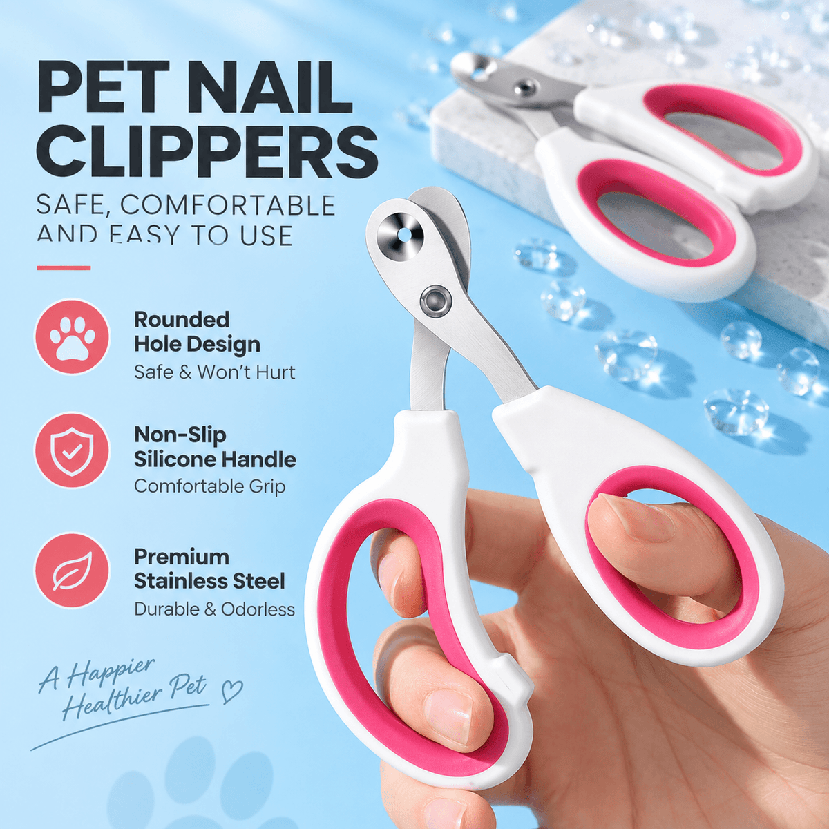 Pink and white cat nail clippers held in a hand, with labels for the rounded hole, non-slip silicone handle and stainless steel blade.