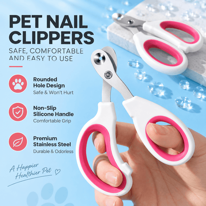 Pink and white cat nail clippers held in a hand, with labels for the rounded hole, non-slip silicone handle and stainless steel blade.