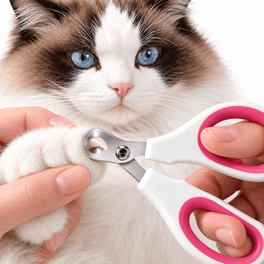 White and pink cat nail clippers with a trimming hole being used on a blue-eyed ragdoll cat's paw.