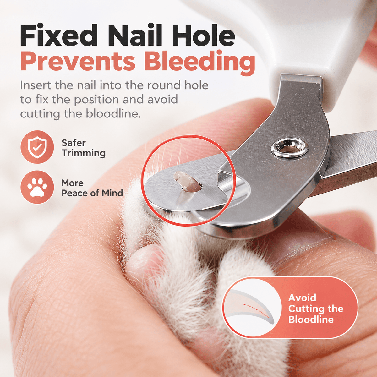 A cat's claw placed through the round nail hole of the cat nail clippers before trimming.