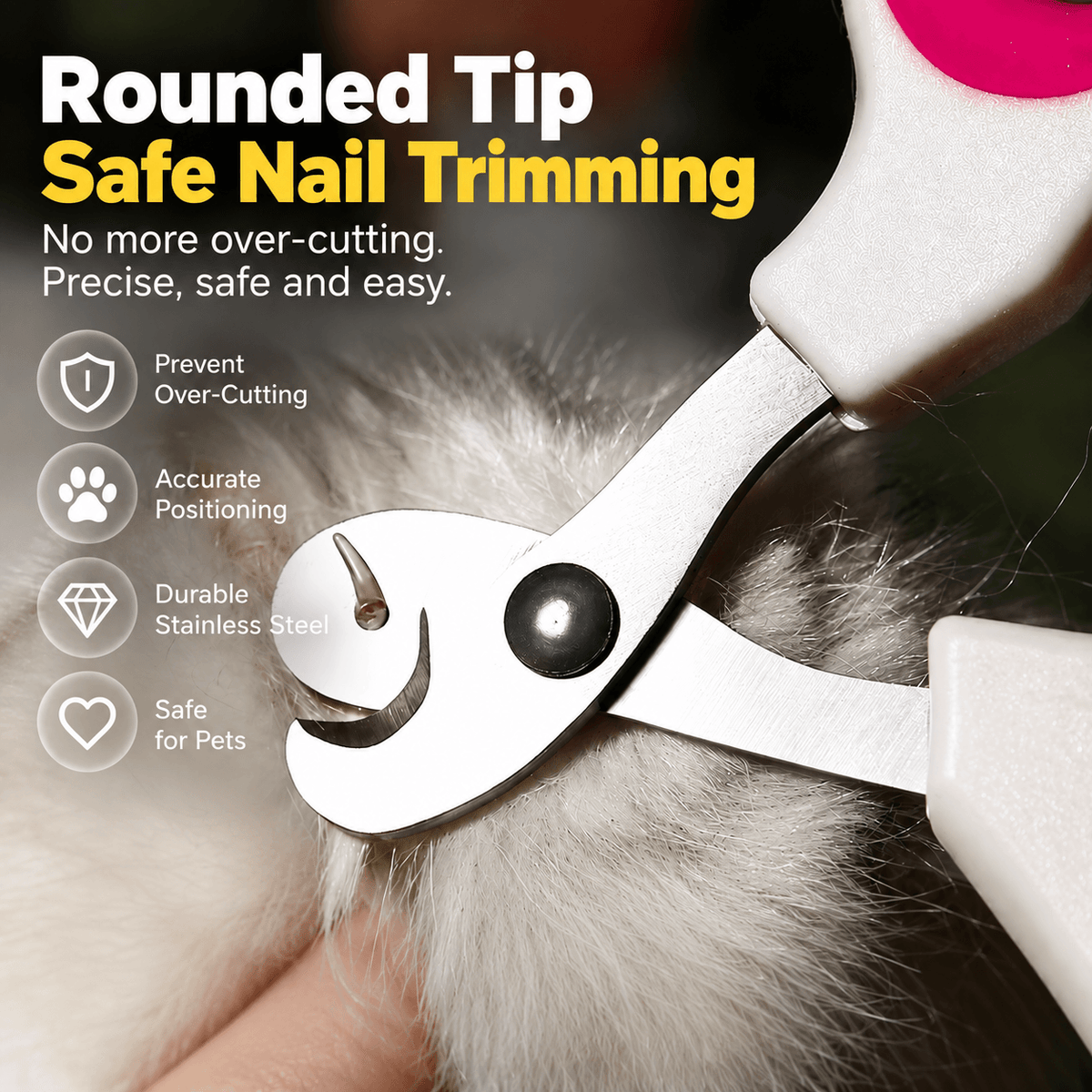 Close-up of the cat nail clippers' rounded stainless steel tip with feature icons for positioning and durability.