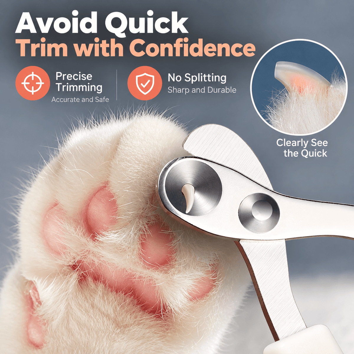 Cat nail clippers lined up on a white cat's paw, with an inset showing the visible quick of the nail.